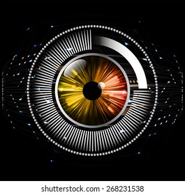 dark black abstract background. circles of glowing pixels, concentric circles. vector illustration. digital. Light Technology for computer graphic website internet. circuit. orange eye