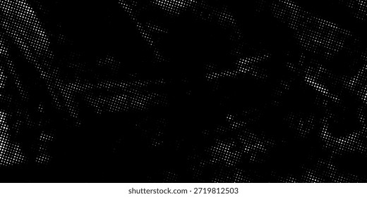 Fondo abstracto negro oscuro con textura densa de punto semitono y movimiento dinámico grunge. Superficie atrevida y dramática ideal para carteles, obras de arte musicales y diseños modernos y vanguardistas.