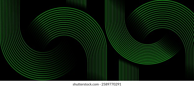 Dark black abstract background with geometric glowing curve lines vector illustration eps10. Dynamic shapes composition design pattern. Perfect for modern projects,basktop wallpaper, business.