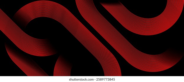 Dark black abstract background with geometric glowing curve lines vector illustration eps10. Dynamic shapes composition design pattern. Perfect for modern projects,basktop wallpaper, business.