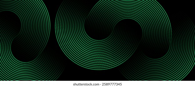 Dark black abstract background with geometric glowing rounded shapes vector illustration eps10. Dynamic shapes composition design pattern. Perfect for modern projects,basktop wallpaper, business.