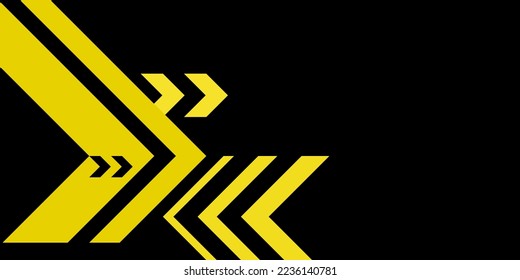 Dark black abstract background. Yellow arrowhead right-angled triangle. Design element for template, card, cover, banner, poster, backdrop, wall. Vector illustration.