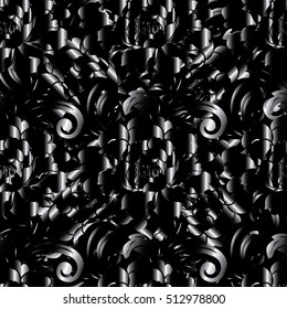 Dark black abstract floral seamless pattern. Luxury black background wallpaper with 3d flowers leaves and ornaments. Endless modern texture with shadows and highlights .