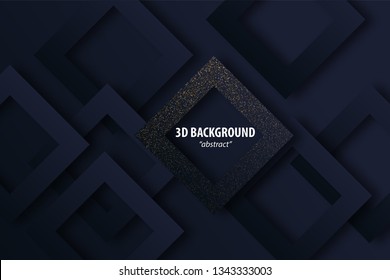 Dark black abstract geometric background 3d paper cut design in layers. Golden color halftone slice texture. Material elegant business presentation.