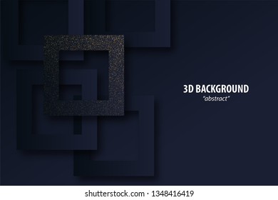 Dark black abstract geometric background 3d paper cut design in layers. Golden color halftone slice texture. Material elegant business presentation.