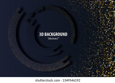 Dark black abstract geometric background 3d paper cut design in layers. Golden color halftone slice texture. Material elegant business presentation.