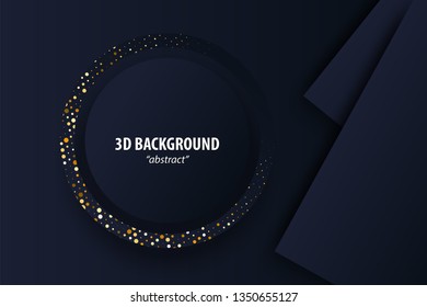 Dark black abstract geometric background 3d paper cut design in layers. Golden color halftone slice texture. Material elegant business presentation.