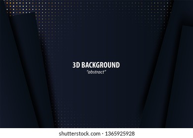 Dark black abstract geometric background 3d paper cut design in layers. Golden color halftone slice texture. Material elegant business presentation.