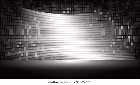 Dark black Abstract light lamps background for Technology computer graphic website internet and business.. Screen on stage. Vector illustration.Spot Effect. neon. point, platform, Spotlights