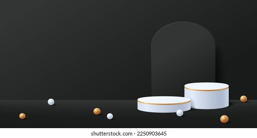Dark black abstract scene background with 3d cylinder pedestal podium for display product presentation. Minimal geometric shape platform studio, Vector illustration