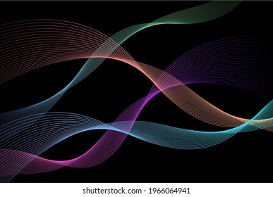Fondo negro oscuro con línea de onda colorida o multicolor. Ilustración vectorial