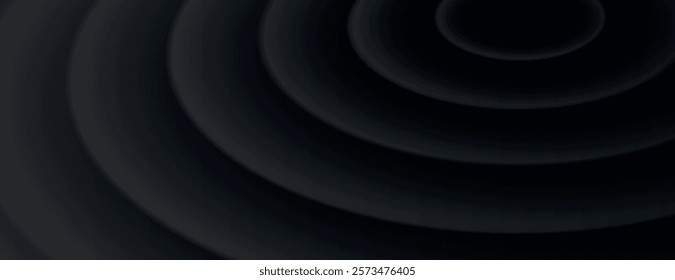 Dark black background with concentric circle texture. The black background creates a modern, sleek appearance with a subtle 3D effect. Circular pattern background. Black background vector.