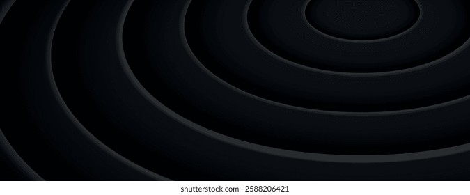 Dark black background with concentric circles. The black background has a smooth, layered texture, creating a modern, sleek look. Circular pattern background. Black background vector.