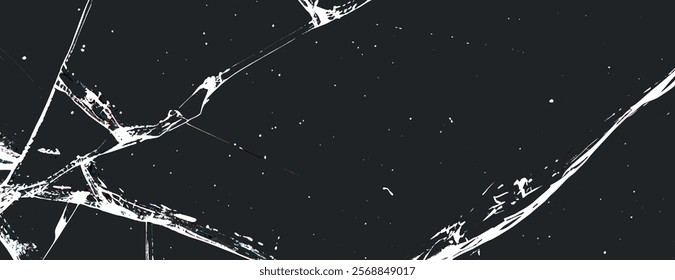 Dark black background with a cracked texture. The black background features white streaks resembling shattered glass. Cracked glass background vector. Black background.