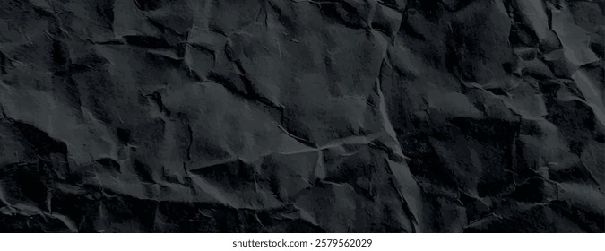 Dark black background with a crumpled texture. The black background adds a dramatic, textured effect. Paper texture background vector. Black background.