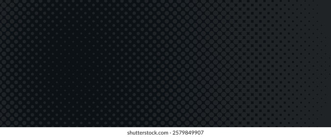 Dark black background with halftone dotted texture. Black background, halftone gradient effect with varying dot sizes. Minimal halftone black abstract vector background wallpaper