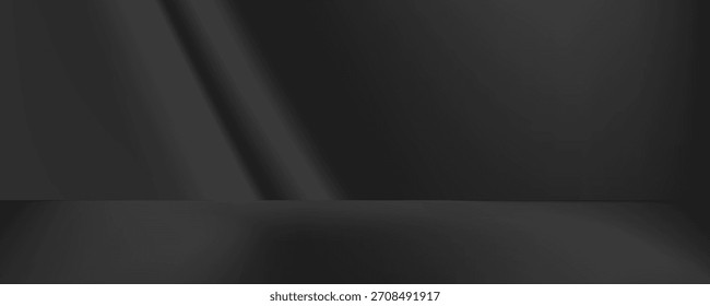 dunkelschwarzer Hintergrund Studioraum mit Lichtstrahl von oben für Produktanzeige. Boden-und Wandhintergrund Musselin Design Hintergrund. Stein Oberfläche Textur Podium.

