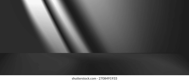 sala de estúdio de fundo preto escuro com feixe de luz de cima para exibição do produto. piso e parede fundo muslin design backdrop.

