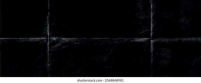 Dark black background with a textured, folded paper style. The black background adds depth and contrast with its rough texture. Paper texture background vector. Black background.