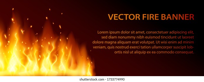 Dark black banner with burning red hot sparks and large fire. Vector flame with a particles illustration. Lag Baomer template card with bonfire holiday symbol.