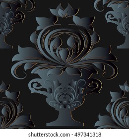 Dark black baroque damask floral vector seamless pattern background wallpaper illustration with 3d antique flowers,leaves and ornaments in ancient vase..Decor elements with shadows  and highlights.