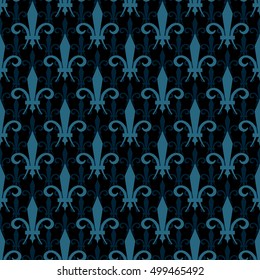 Dark black and blue fleur de lis vector seamless pattern. Elegance style wrapping illustration