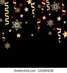 Dark, Black, Bright color vector  background design for New Year, Christmas, holiday, winter, party, with snowflakes, ribbons, sequins, tinsel. Place for text.