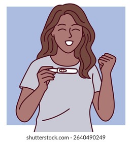 Dark black brown skinned woman smiling and showing positive pregnancy test. Represents happiness, emotional relief, and expected motherhood