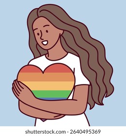 Dark black brown skinned woman. Girl with long hair smiling while hugging rainbow heart, pride illustration symbolizing love, peace, and support, lgbt