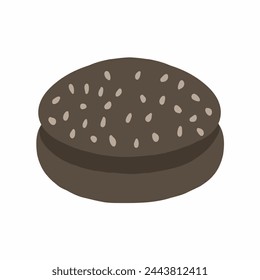 Burger bun negro oscuro con semillas de sésamo icono en estilo plano de dibujos animados. Ilustración vectorial aislada sobre fondo blanco. Para menú, póster, infografía, restaurante.