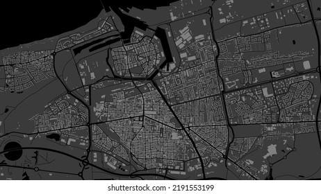 Dark black Calais city area vector background map, roads and water illustration. Widescreen proportion, digital flat design roadmap. svg