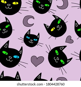 Dark black cat seamless pattern. Good for textile, wrapping, wallpapers, etc. Cat and moon isolated on blue background. Vector illustration.