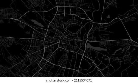 Dark black Poznań city area vector background map, roads and water illustration. Widescreen proportion, digital flat design roadmap.