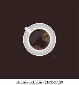 Café negro oscuro con burbujas, taza de café de cerámica y plato. Ilustración vectorial realista sobre fondo marrón.