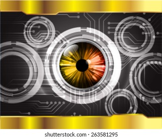 dark black color Light Abstract Technology background for computer graphic website internet and business. circuit. gold background. orange eye.