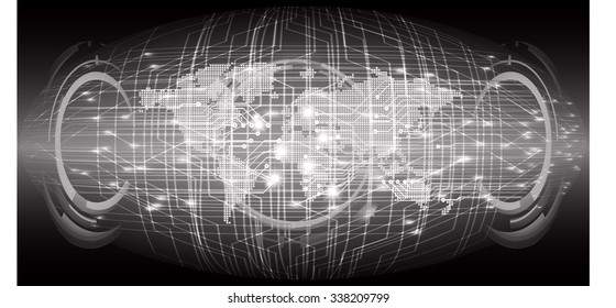 Dark black color Light Abstract Technology background for computer graphic website internet and business.circuit.vector illustration.infographics. motion move.neon. pixel, Padlock, World Map, Global