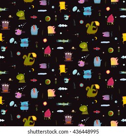 Dark black colorful monsters seamless background for children. Fun Cute Cartoon Monsters for Kids. Imaginary animals and monsters pattern on black vector.