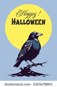 Dark and black crow on branch, happy halloween card. Reaven isolated on simple moon, gothic holiday template.