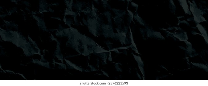 Dark black crumpled paper background, with a textured, wrinkled style. The black background adds a dramatic, moody effect. Paper texture background vector. Black background.