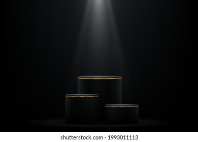 Dark Black Cylinder Podium With Gold And Spotlight For Product Display, Perfume, Mens Product, Skin Care, Technology, Electrict, Etc. 3d Vector Platform