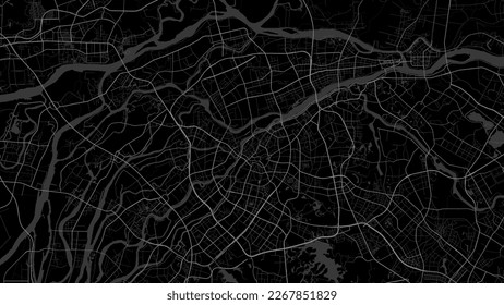 Mapa de fondo de vectores de la zona oscura negra de la ciudad de Dongguan, carreteras e ilustración del agua. Proporción panorámica, hoja de ruta de diseño digital plano.