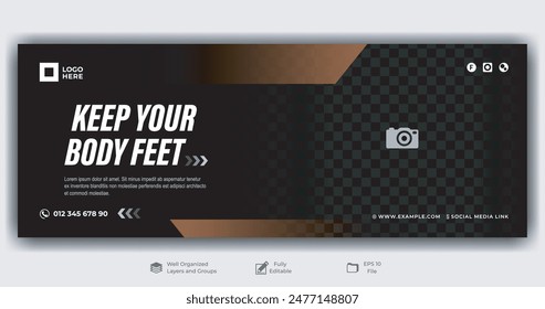 Dark black Facebook cover template for gym. Social media vector banner design for body building training. Stylish modern black and white gym fb cover with photo placing space. Png cover.