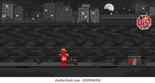 Dark Black Flat Empty Night Brick Wall With Background Of The Cityscape Vector Illustration Template