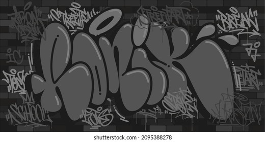 Dark Black Flat Urban Brick Wall With Some Graffiti Street Art Lettering Texture Decorative Background Vector Illustration 