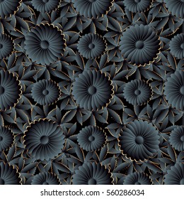 Dark black floral seamless pattern background wallpaper illustration with 3d black flowers, leaves, vintage decorative  flowery ornaments. Abstract surface vector fabric  texture. 