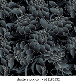 Dark black floral seamless pattern  background wallpaper illustration with vintage  3d flowers,  leaves and antique ornaments. Vector surface texture.
