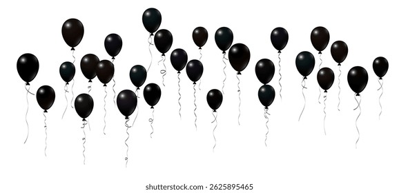 Dark black flying balloons isolated vector illustration, birthday party decoration elements. Dark flying helium balloons isolated. Party decor, birthday gift elements design.