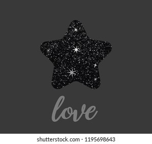 Dark Black galaxy glitter star on grey background with handwrite love letter. Happy christmas