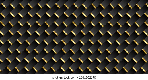 Dark black Geometric grid Carbon fiber with gold background. Modern dark abstract texture