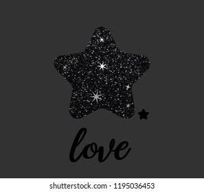 Dark Black glaxy glitter star on rgrey background with handwrite love letter. Happy christmas